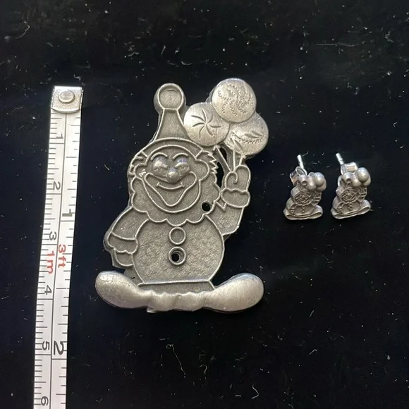 VTG Torino Pewter Clown Pierced Earrings Pendant Brooch set 70's - Picture 4 of 4